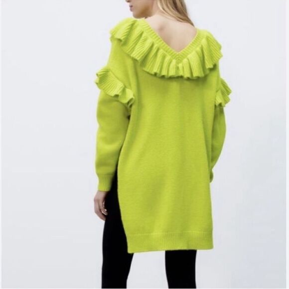 Zara Green Ruffled Long-sleeve Oversized Tunic Sweater(Size M-L) - Picture 1 of 8